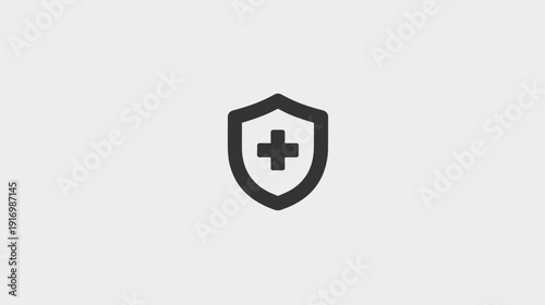 Black shield with a centered plus sign on a light gray background. Simple, minimalist design