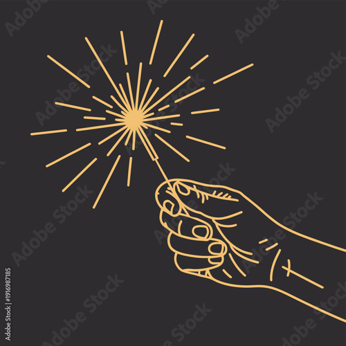 Minimalist gold line art illustration of a hand holding a burning sparkler on a transparent background for celebration, eid