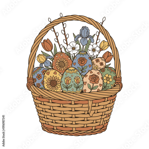 Easter basket with colorful pysanky eggs, tulips, iris flowers and pussy willow branches, vector illustration