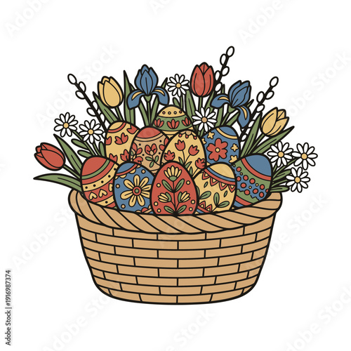 Easter basket with colorful pysanky eggs, tulips, iris flowers and pussy willow branches, vector illustration