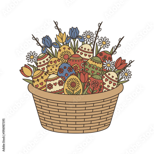 Easter basket with colorful pysanky eggs, tulips, iris flowers and pussy willow branches, vector illustration