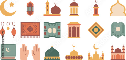 Large set of Islamic cultural and religious icons for Ramadan and Eid celebrations