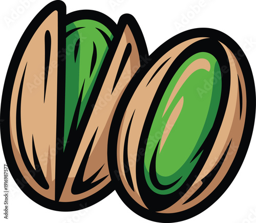 Two pistachio nuts with open shells and green kernels in vector art style
