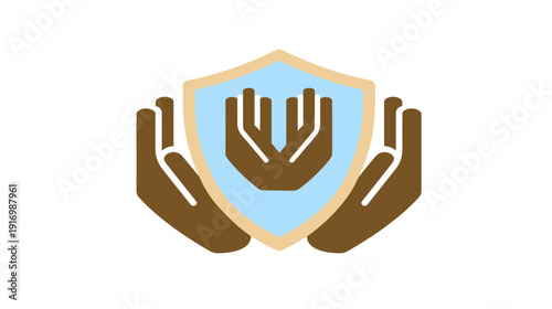 Stylized emblem featuring hands protecting a shield shape with hands. Color palette includes brown, tan, and blue