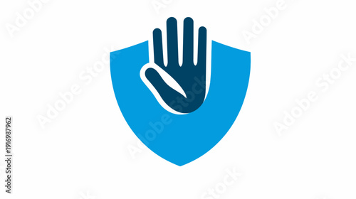 Stylized emblem featuring an open hand within a shield shape, using a blue and dark blue palette