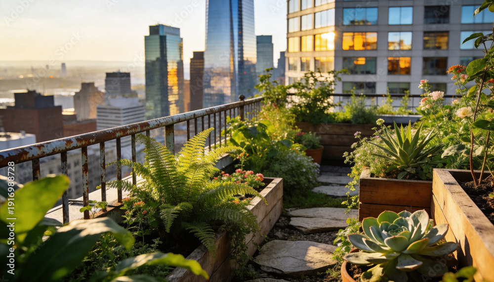 Fototapeta premium Realistic urban rooftop garden with lush vegetation and a city skyline in the background