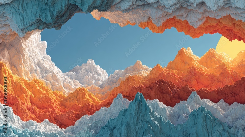 Obraz premium Abstract layered mountains forming a vibrant cave opening, looking out to a bright sun in a blue sky