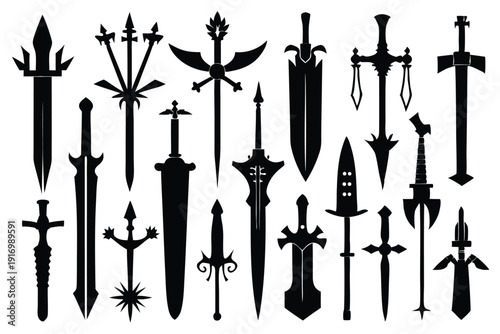 set of sword silhouette line art vector illustration with a white background