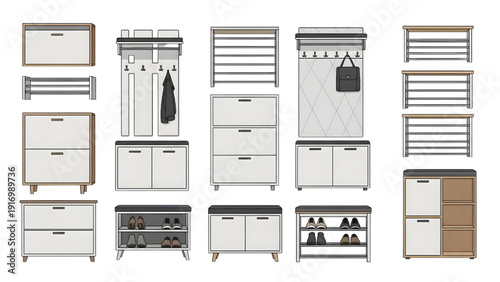 Shoe Racks and Hallway Storage Units Plan View Vector Set for Interior Floor Plan Design