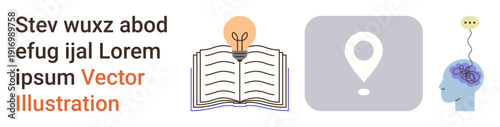 Education, learning tools, creative ideas, knowledge sharing, innovation, training. Graphic ion of an open book, lightbulb location pin and brain. Education and learning tools illustration