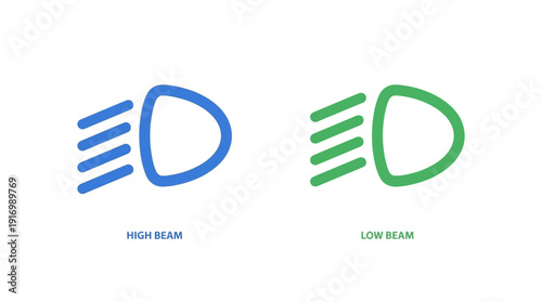 High Beam and Low Beam Car Headlight Indicator Vector Icon Set Isolated on White Background
