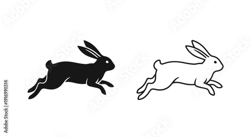 Two rabbits running in the same direction, one black and one white, silhouette style Vector