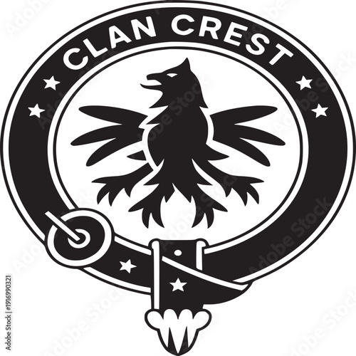 An intricate clan crest design featuring a bold eagle emblem surrounded by stars and circular border art