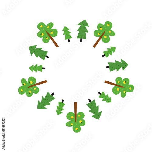 Cute round frame with kid like flat apple trees, fir trees isolated on white background.