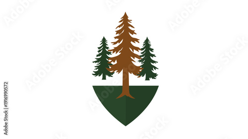 A stylized tree logo featuring three pine trees of varying colors set upon a green, inverted triangle base