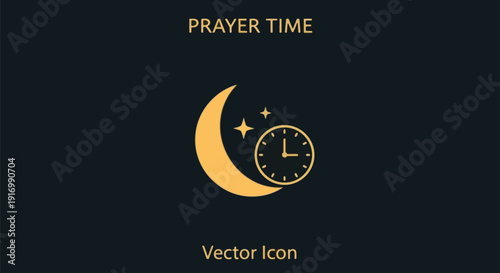 Golden Ramadhan Kareem Prayer Icon with Moon, Stars, and Clock, symbolizing sacred Islamic observances and spiritual devotion