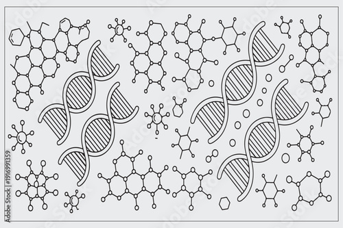 Black and white illustration of DNA double helix structures and molecular models for science and genetics concepts  educational and medical purposes