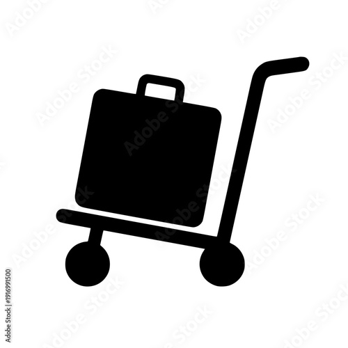 Luggage cart with suitcase icon in black silhouette on gray background