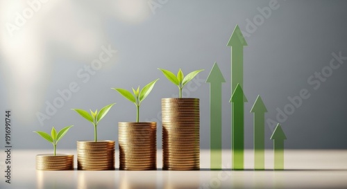 Stacks of coins with growing plants and upward trend arrows on a table, indicating financial growth and investment
