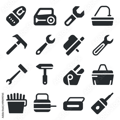 A collection of various tools and equipment icons