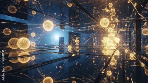 Abstract Digital Network Connection with Glowing Spheres and Lines in a Futuristic Environment.