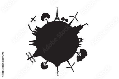 Black silhouette of earth with city and nature icons around  globe pollution concept  environmental awareness symbol