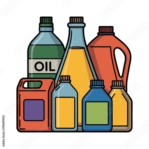 A colorful illustration of various oil bottles