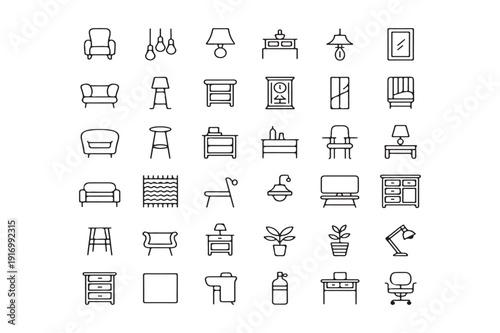 Collection of various line icons representing furniture and household items for interior design and decoration purposes online