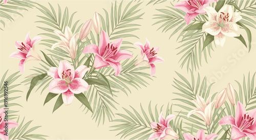 Tropical floral pattern with pink lilies and palm leaves on beige background