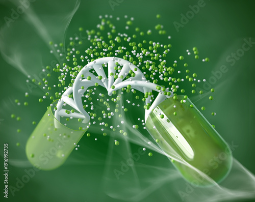 Medical conceptual background, opened capsule with medicine, DNA level restoration, stem cells, molecules, 3d rendering