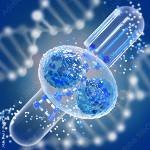 Medical conceptual background, opened capsule with medicine, DNA level restoration, stem cells, molecules, 3d rendering