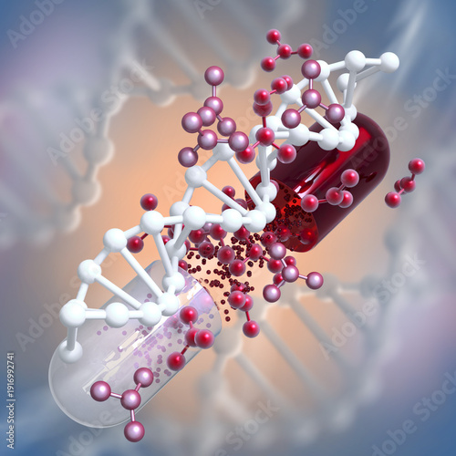 Medical conceptual background, opened capsule with medicine, DNA level restoration, stem cells, molecules, 3d rendering