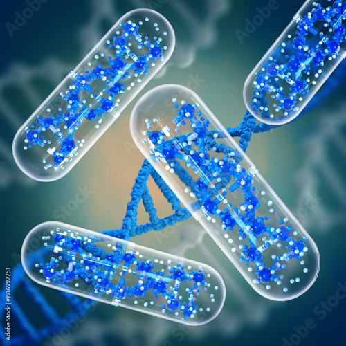 Medical conceptual background, opened capsule with medicine, DNA level restoration, stem cells, molecules, 3d rendering