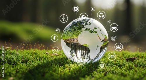 A glass globe reflecting a lush green forest, symbolizing global ecology and nature conservation efforts worldwide from a serene viewpoint