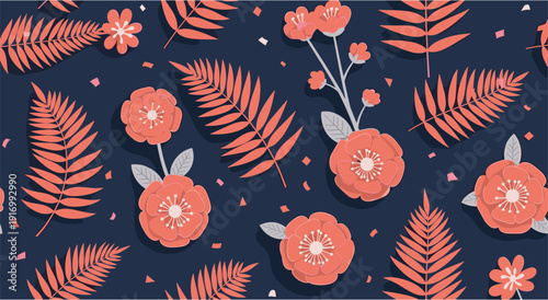Stylish navy background with coral floral and fern patterns in a modern flat style