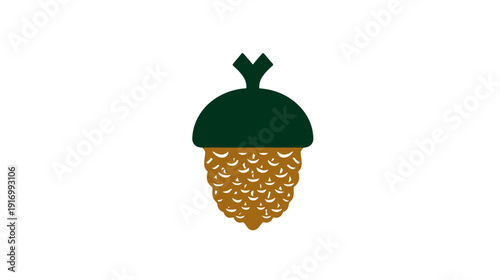 Simple acorn illustration against a white background; dark green top, tan body, and small green stem