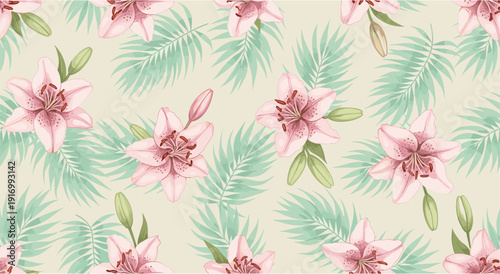 Seamless pattern of pink lilies with green palm leaves on light background