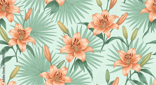 Tropical floral pattern with orange lilies and palm leaves on soft green background