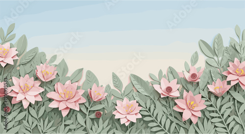Spring floral border with pink lotus flowers and green leaves in paper art style