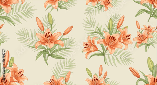 Seamless floral pattern with orange lilies and green leaves on soft beige background