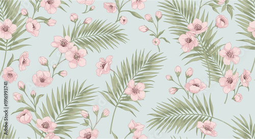 Seamless tropical floral pattern with pink cherry blossoms and green palm leaves