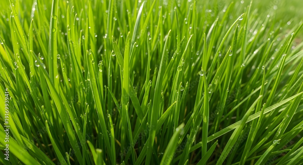 Fototapeta premium Fresh green grass blades covered in morning dew sparkle in bright sunlight on a clear day.