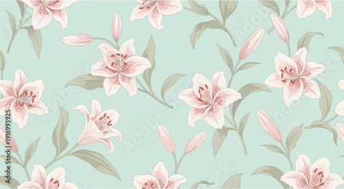 Pastel floral pattern with elegant pink lilies on a soft green background