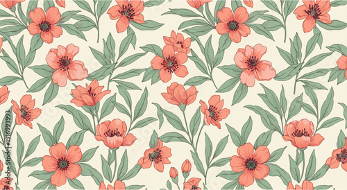 Seamless floral pattern with vintage pink flowers and green leaves