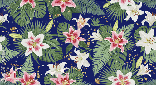 Tropical floral pattern with pink and white lilies on a navy background