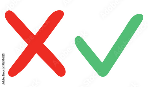 Hand drawn checkmark icons in red and green. Brush stroke tick mark and cross symbol for vote list and checkbox design. Vector illustration isolated on white background.