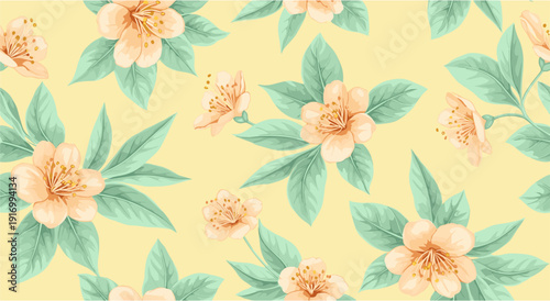 Seamless floral pattern with peach blossoms and green leaves on pastel yellow background