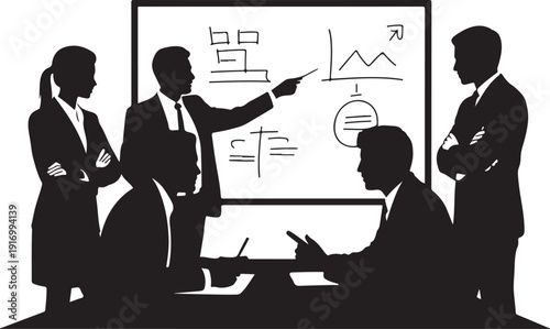 Business team discussing data on whiteboard in office