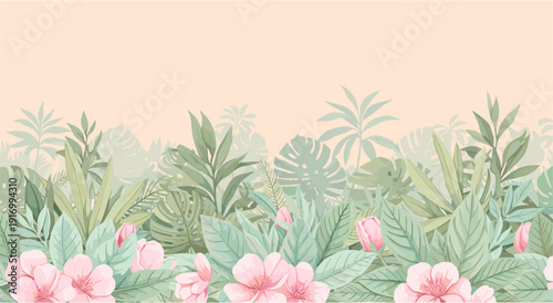 Tropical floral background with lush greenery and pink flowers on a soft pastel backdrop