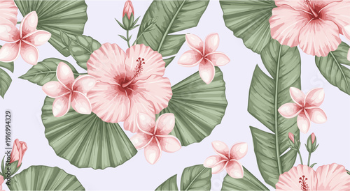 Tropical floral pattern with hibiscus and plumeria in pastel colors